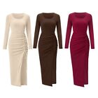 Womens Fashion Solid Color Maxi Dresses Casual O-Neck Long Sleeve Slit Dress