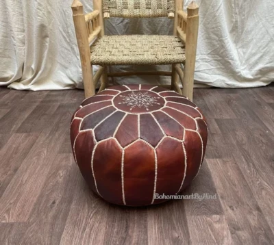 Moroccan Footstool Brown Round Boho New Handmade Pouf Vintage Leather - Image 1 of 4