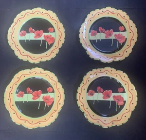 Set Of 4 HausenWare, Poppies & Polka Dots, Scalloped Dinner Plates, 11” - Picture 1 of 9