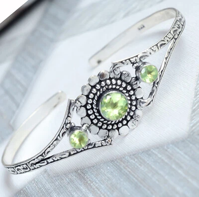 925 Sterling Silver Round Cut Peridot Gemstone Handmade Cuff Bracelet Bangle - Image 1 of 4