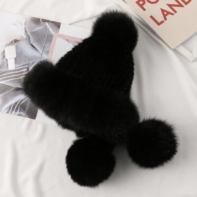 Women's Warm Real Mink Fur Hat Knitted Cap Top Hat W Fox Fur Brim Three Fox Ball - Image 1 of 4