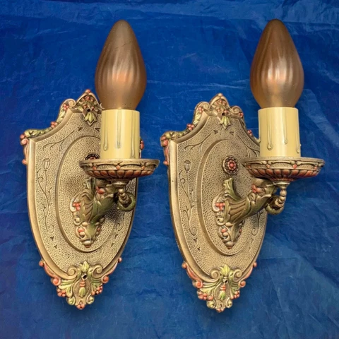 Pair Antique Lincoln Wall Sconce Fixtures Rewired Rare Nice 3D Cover