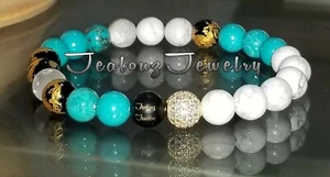 Sterling Silver Gold Cubic Zirconia Turquoise White 8mm Gemstone Yoga Bracelet - Picture 1 of 2