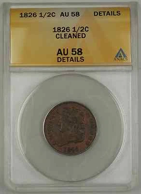1826 Classic Head Half Cent Coin ANACS Cleaned AU-58 Details - Image 1 of 2