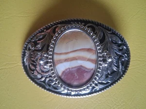 Vintage Western Oval Belt Buckle Silver Tone w/ Agate Stone Cowboy Rodeo - Picture 1 of 5