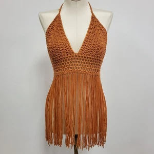 Womens Festival Fringe Crochet Halter Top Size XS Orange Fairy Open Knit Beachy - Picture 1 of 8