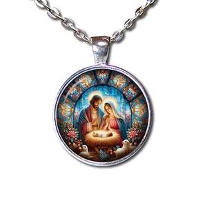 Faux Stained Glass Joseph Mary Baby Jesus - Handmade Glass Pendant Necklaces - Picture 1 of 10