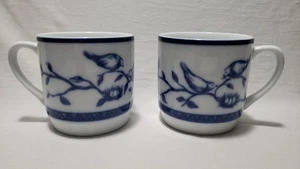 Williams Sonoma Birds on Branch Porcelain Coffee Mugs – Pair Blue White - Picture 1 of 16