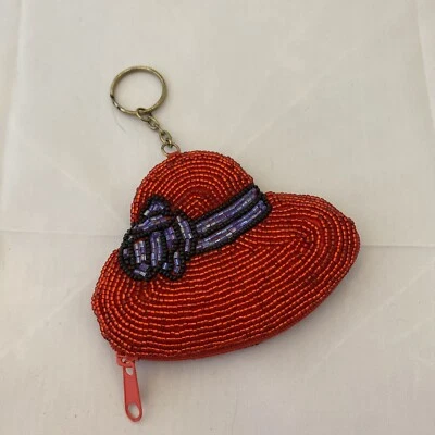 Sombrero Rojo Cremallera Monedero Llavero Cuentas Rojo Y Púrpura Forrado Seda Aprox 4” NUEVO Foto 1 de 4