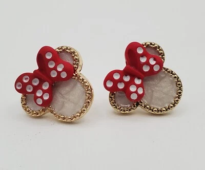 Minnie Mouse Pierced Earrings 0.5in Gold Tone Red Bow White Enamel Studs NEW NOS - Image 1 of 4