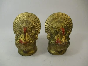 Antique Vintage Turkey Figures Ornaments Pair Gold Paint Gilded Molded Cardboard - Picture 1 of 9