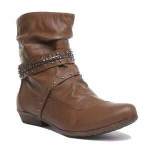 Womens Ladies Low Heel Pull On Ankle Boots With Studs In Tan Size UK 3 - 8