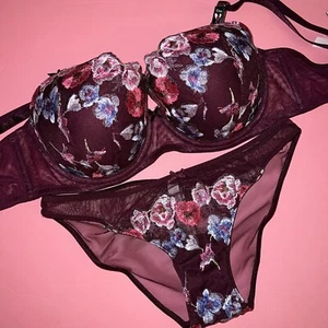 Victoria's Secret 32DD,32DDD,34D BRA SET panty KIR BLUE Pink FLORAL embroidered - Picture 1 of 3