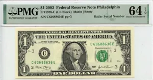 2003 $1 Federal Reserve Note Philadelphia Fr# 1928-C PMG CH64 EPQ Radar - Picture 1 of 2