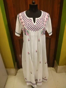 DRESS HANDMADE XL 45" CHIKAN EMBROIDERY KURTI 100% COTTON ETHNIC LONG MAXI TOP - Picture 1 of 6