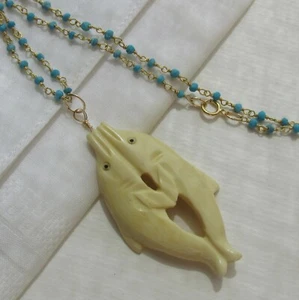 Türkis Kette mit geschnitztem Delfin Anhänger 585 14K Gold GF Collier v. Atelier - Bild 1 von 8