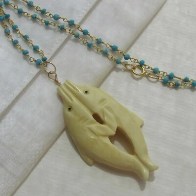 Türkis Kette mit geschnitztem Delfin Anhänger 585 14K Gold GF Collier v. Atelier - Bild 1 von 4