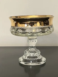 Gold Rim Indiana Glass Kings Crown Thumbprint Pedestal Compote/Candy Dish - Picture 1 of 7