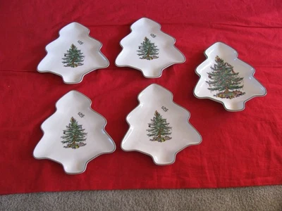 4 SPODE England Christmas Tree (SHAPED)  Dessert Plates plus Extra - Image 1 of 4