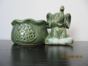 Green Ceramic Elephant Planter Trunk Up Good Luck Mid-Century - Picture 1 of 3
