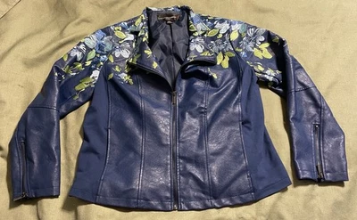 “COLLEEN LOPEZ” FAUX LEATHER JACKET WOMEN’S L large EMBROIDERED FLORAL stretch - Image 1 of 4