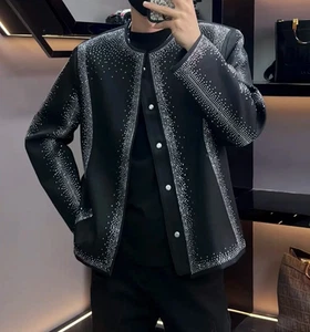 New Men Luxury Diamond Rhinestones Fashion Stage Black Jacket High Quality - Picture 1 of 5