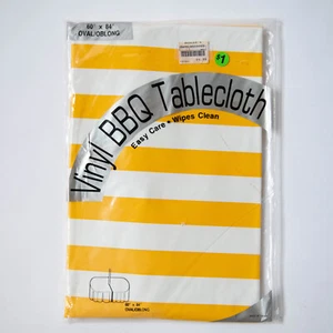 Vintage Yellow & White Striped Vinyl Tablecloth Oblong Oval 84" x 60" - Picture 1 of 4