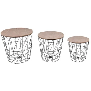 3er Set Couchtisch weiss Beistelltisch Holz - Platte hellbraun/ Metall schwarz - Bild 1 von 1