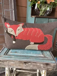Fox Throw Pillow Devi Designs Wool Blend Embroidered Applique Cushion Zipper - Picture 1 of 12