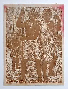 1952 Hawaiian Linocut "Warrior Woman" by Juliette Fraser (KoR) - Picture 1 of 8