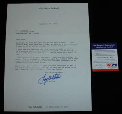 1983 Tug McGraw Phillies You Gotta Believe! SIGNED Letter to Fan w/ PSA DNA COA - Image 1 of 2