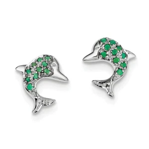 Sterling Silver Rhodium Emerald & Diamond Dolphin Post Earrings QDX309 - Picture 1 of 1