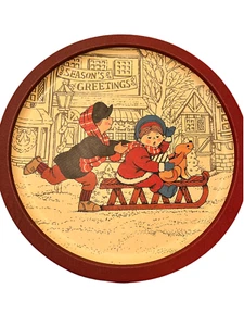 Vintage Wangs Intl. Inc. 1989 Metal Tray Snow Sled Boy Girl Dog Christmas Winter - Picture 1 of 4