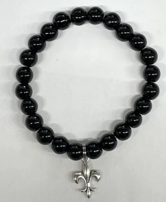 Черный жемчуг эластичной бусина серебро FLEUR DE LIS браслет подвеска ювелирных изделий новый - Изображение 1 из 4
