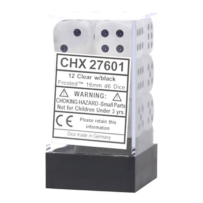 Chessex d6 Cube 16mm Frosted Clear with Black Pip 12 Dice - Image 1 of 2