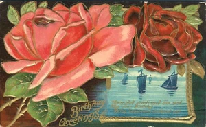 Cartolina Auguri Compleanno Rose in rilievo Inserto con barche a vela 1910 - Foto 1 di 2