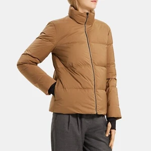 THEORY City Poly Stand-Collar Puffer Coat Giacca in Beige Dorato Taglia Large L - Foto 1 di 3