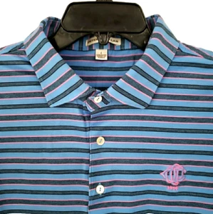 Peter Millar Mens Large Polo Shirt Blue Cotton With Pink Black Stripes Logo - Picture 1 of 11