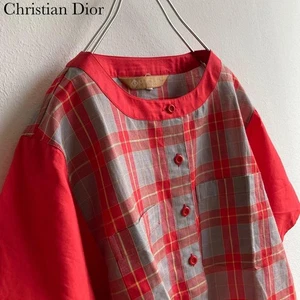 Blusa Camisa Christian Dior Vintage Rara A Cuadros Sin Cuello M Roja de Japón - Imagen 1 de 10