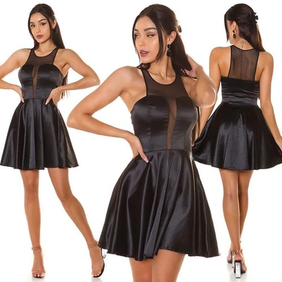 Sexy Vestido Patinador Negro Satinado Sin Mangas Malla Transparente Espalda Corredora Fiesta Prendas para club nocturno Foto 1 de 2