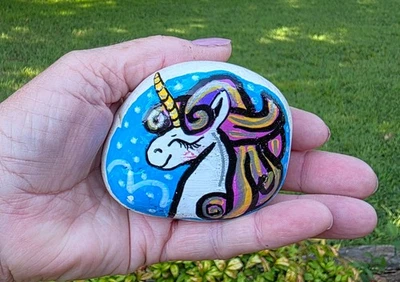  Hand Painted unicorn original Rock  mystical paper weight Painting Art Gift    - Image 1 of 4