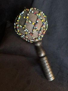 Handcarved Wooden Shaker Maraca, Traditional Shekere, Beaded Rattle - Picture 1 of 6