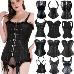 Womens Black Steampunk Corset Bustier Gothic Sexy Lingerie Plus Size Basque Club - Picture 1 of 30