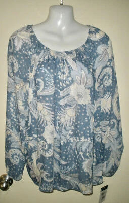 #1036 Camisa Misses M Chaps Camponesa Boho Cigana Chique Azul Branco Floral Nova Com Etiqueta - Imagem 1 de 4