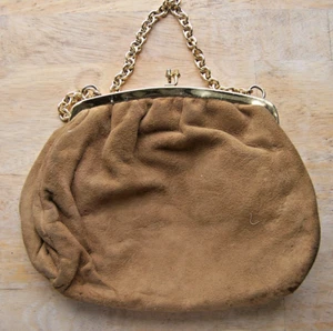 Brown Suade Purse with Gold Chain Handle  Gold Tone Frame 8 x 6" - Picture 1 of 5