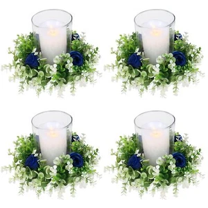 4 Pcs Rose Candle Rings Artificial Floral Wreaths With Eucalyptus Leaves Flower - Picture 1 of 6