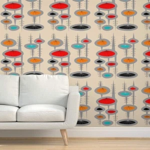 Spoonflower Peel & Stick Wallpaper 12ft x 2ft - Atomic Era Space Age Inspired - Picture 1 of 7