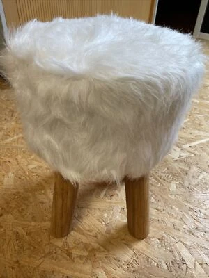 Casa Deco Hocker Stuhl Fellhocker Fell Weiss Rund Holz H 41 cm D 29 cm Neu - Bild 1 von 4