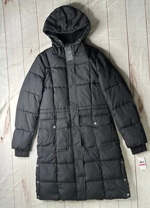NWT Lucky Brand Puffer Coat Black XXS Hooded Thumb Hole Faux Fur Button - Picture 1 of 13