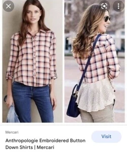 Anthropologie Holding Horses US 4 Embroidered Checkers Shirt Flannel  Button Up - Imagen 1 de 9